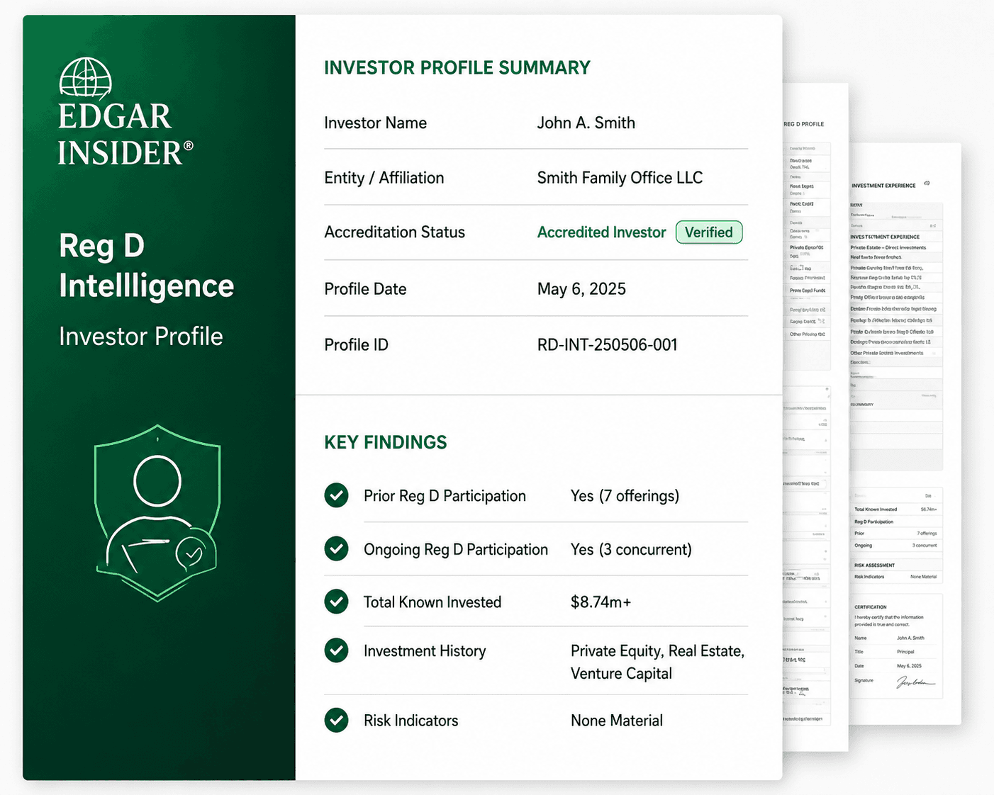 Sample Reg D Intelligence investor profile, investor summary and key findings