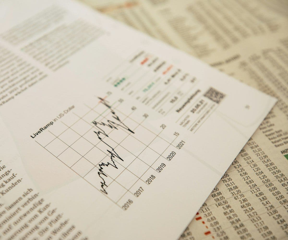 A financial newspaper page with a stock chart